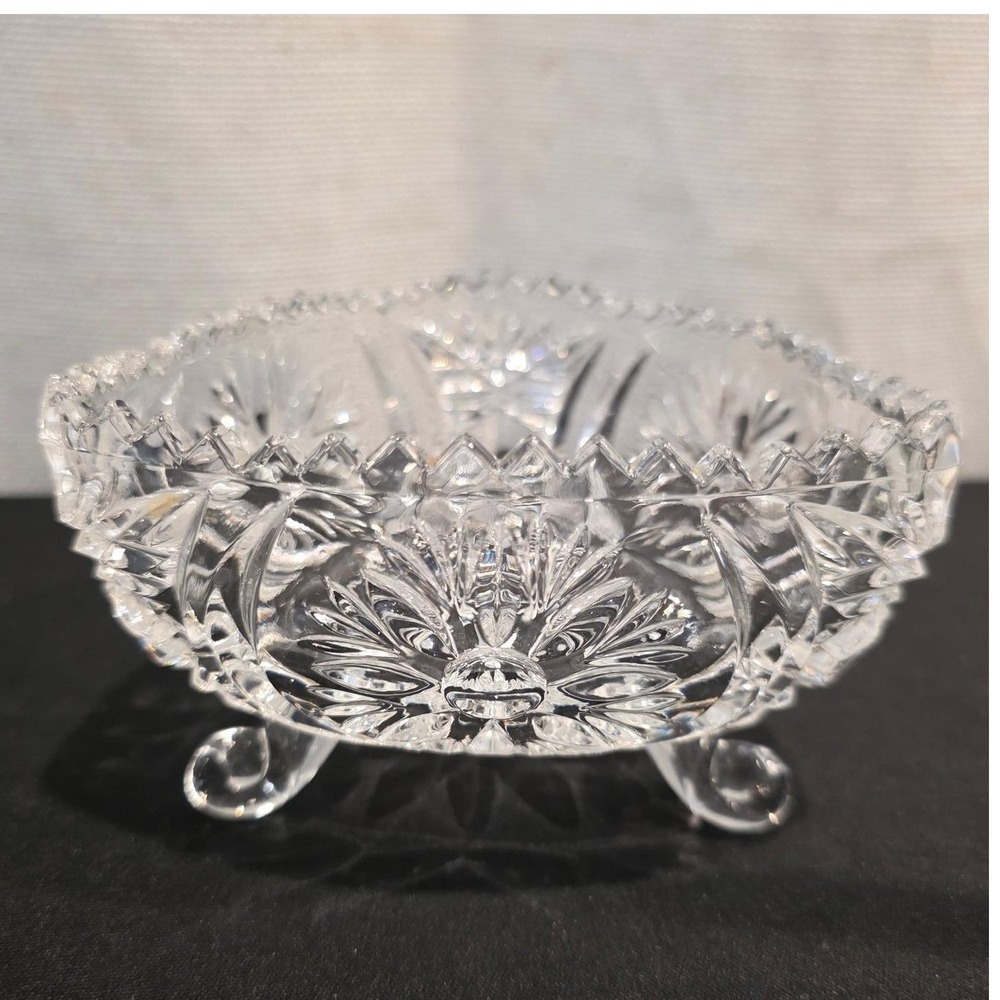 Vintage American Brilliant Cut Glass Heart Shaped Bowl Footed Candy Trinket Dish